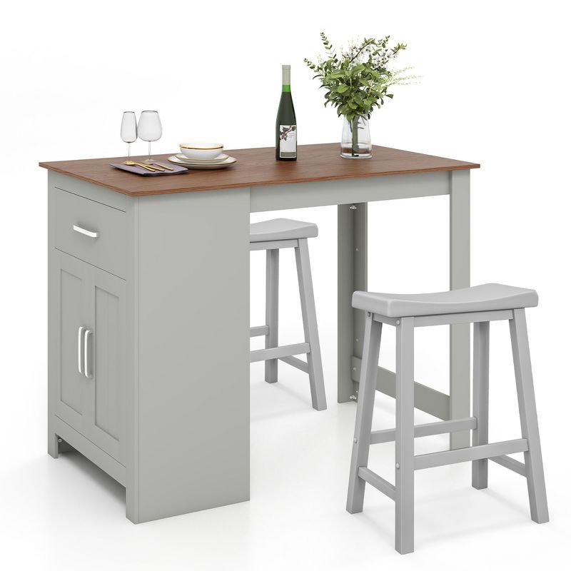 Costway 3 Pieces Bar Table Set Pub Dining Table with Saddle Stools & Storage Cabinet Grey, 1 of 8