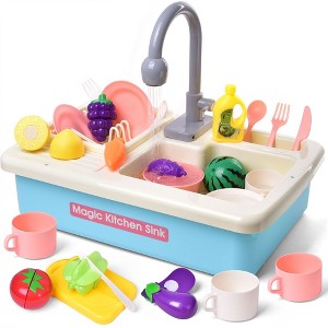 Fun Little Toys 29 PCS Kitchen Sink Toy with Running Water, Pretend Play Dishwasher Set, Perfect Birthday Gift for Kids - 1 of 4