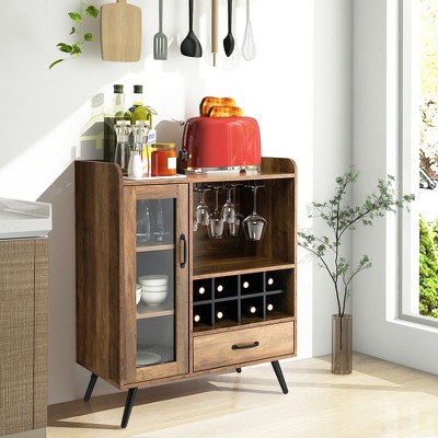 Rustic Brown Wood Bar Cabinet with Wine Rack and Glass Holder