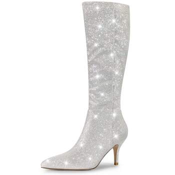 Allegra K Women's Pointy Toe Sparkle Glitter Stiletto Heel Knee High Boots