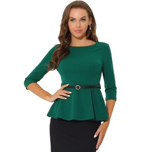 INSPIRE CHIC Women's 3/4 Sleeve Belted Elegant Business Work Peplum Top - 1 of 4