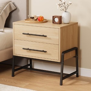 Nightstand with Drawers Light Wood Bedside Table, Wide Side Table with Metal Legs,  Modern Bed Side Tables - 1 of 4