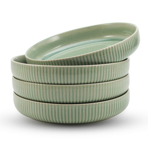 American Atelier Large Pasta Bowls, 42 oz Wide Shallow Stoneware Salad Bowl  Set, Plates for Serving Dinner, Kitchen, and Eating, Set of 4,Sage Green