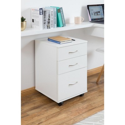 White 28" Mobile 3-Drawer Wooden File Cabinet with Casters