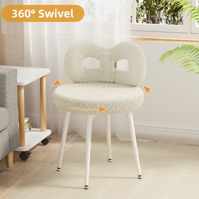 Vanity Chair with Back, Makeup Chair, Swivel Design,No Wheels,Small Upholstered Vanity Chair for Girls with Cute Bow Backrestst for Bedroom