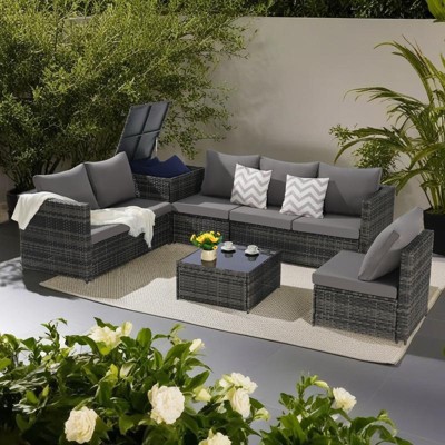 6-Piece Outdoor Patio Wicker Sectional Sofa Set with Corner Table & Glass Top Table