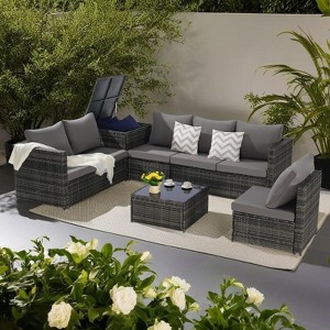 6-Piece Outdoor Patio Wicker Sectional Sofa Set with Corner Table & Glass Top Table - 1 of 4