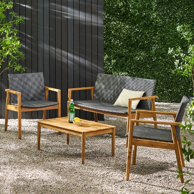 4 Piece Outdoor Patio Furniture Set, Acacia Wood Conversation Set with Coffee Table, Wicker Bistro Set for Porch Balcony Garden Yard Poolside