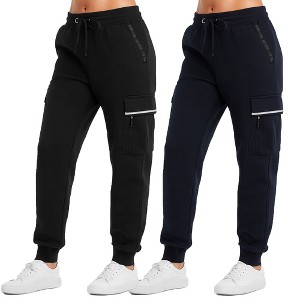 Blue Ice Women's Loose Fit Heavyweight  Tech Fleece Cargo Jogger Pants with Zipper Pockets-2 Pack - 1 of 3