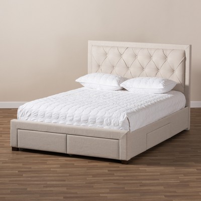 Luxurious King-Sized Light Beige Upholstered Bed with Tufted Headboard and Storage Drawers