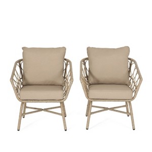 2pk Bruce Outdoor Iron/Rattan Club Chairs with Cushions Brown/Beige - Christopher Knight Home: Weather-Resistant Patio Accent Furniture - 1 of 4