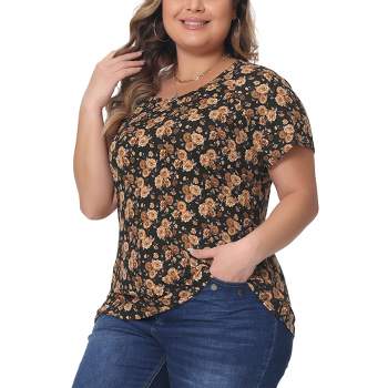 Agnes Orinda Women's Plus Size Short Sleeve Round Neck Casual Country Floral Printed Basic Tops