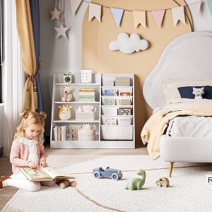 35 in. Wide White Finish 4 Shelf Bookcase with Cotton Linen Storage Sling Pockets - 1 of 4