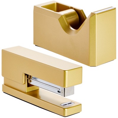 Jam Paper Office & Desk Set, Gold, 1 Stapler & 1 Tape Dispenser, 2 Pack