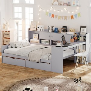 Twin/Full Size L-Shaped Daybed Multi-functional Bed with Drawers, Storage Cabinets, Study Desk and  Built-in Bookshelf, White/Natural+White-ModernLuxe - 1 of 4