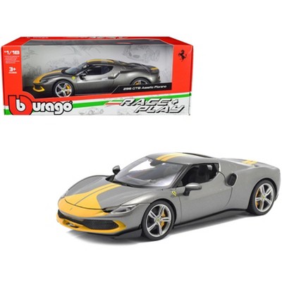 Ferrari 296 GTB Assetto Fiorano Gray Metallic with Yellow Stripes "Race + Play" Series 1/18 Diecast Model Car by Bburago