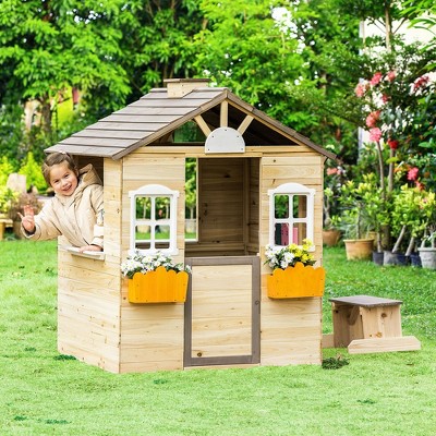 Outsunny Wooden Outdoor Playhouse with Bench and Flowerpots