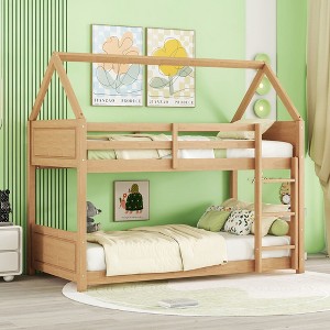 NicBex Twin over Twin Bunk Bed House Shape Wooden Bed Frame with Headboard, Ladder and Full Length Guardrail, No Box Spring Required - 1 of 4