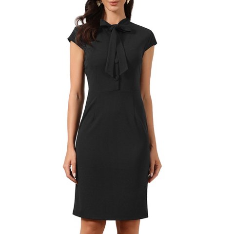 Женские платья INSPIRE CHIC Women's Bow Tie Neck Cap Sleeve Elegant Side Zipper Sheath Mid Dresses Large Black