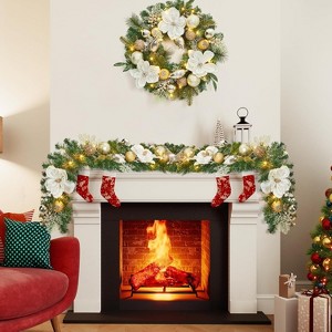 6ft Prelit Christmas Garland with Lights for Mantle,Battery Operated with Magnolia Flowers Gold Balls,Decoration for Fireplace Stair Railing TV Stand - 1 of 4