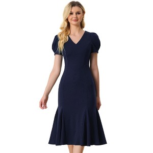 Allegra K Women's Vintage V Neckline Puff Short Sleeve Elegant Mermaid Midi Dress - 1 of 4