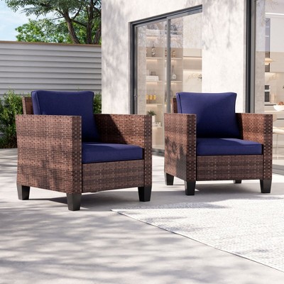 Sonkuki Outdoor 2 PCS Patio Rattan Furniture Set 2 Rattan Chair W/Soft Cushions