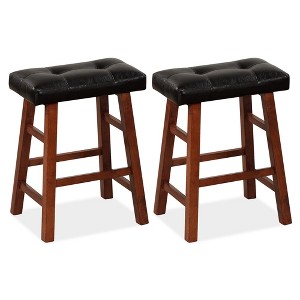 Costway Set of 2 Upholstered Barstools 24''/29'' Backless Rubberwood Dining Chairs Black&Brown - 1 of 4