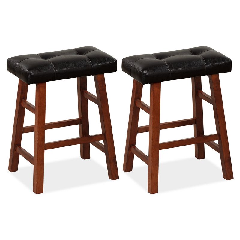 Costway Set of 2 Upholstered Barstools 24''/29'' Backless Rubberwood Dining Chairs Black&Brown, 1 of 10