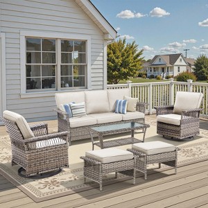 Belord Patio Furniture Set, All Weather Gray Wicker Outdoor Conversation Set with Patio Couch, Swivel Patio Rocker, High Back and 4" Thick Cushions - 1 of 4