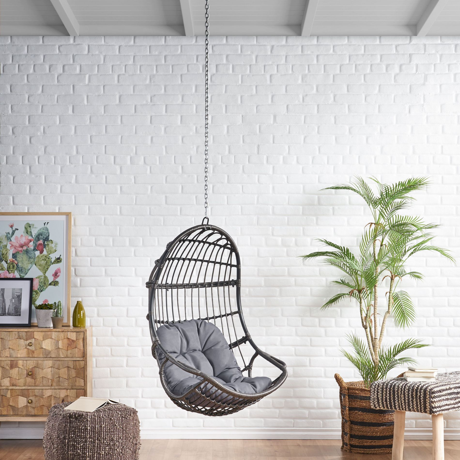Spassway Outdoor Wicker Hanging Egg Chair with Chain Patio Rattan Lounge Swing Chairs with Cushion Egg Seat for Outside Backyard Balcony Garden