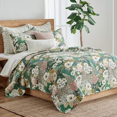 Bettina Full Blue Cotton Reversible Floral Quilt Set