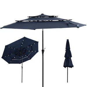 Sunnydaze 3-Tier Outdoor Patio Umbrella with Polyester Canopy, Solar LED Lights, Push Button Tilt and Crank - 10' - Navy - 1 of 4