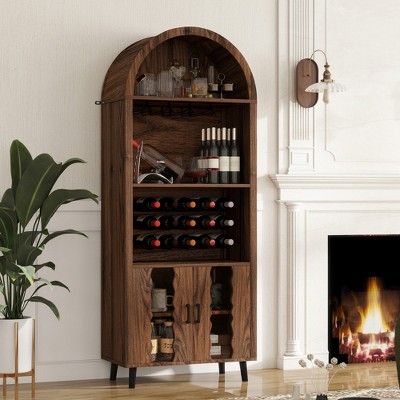 PDTEND 71" Farmhouse Arched Bar Cabinet with Wine Rack & Glass Holder, for Living Room & Dining Room