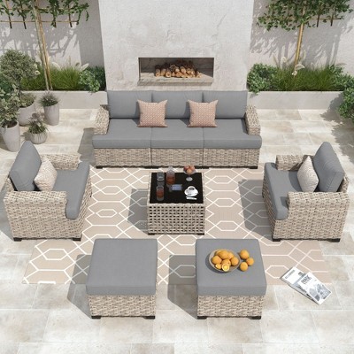 XIZZI All-Weather Rattan Furniture, Sectional Sets w/ Optional Solar Light-Up Coffee Table & Ottoman, Choose 6-9pc Configs in 8 Fade Resistant Colors