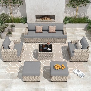 XIZZI All-Weather Rattan Furniture, Sectional Sets w/ Optional Solar Light-Up Coffee Table & Ottoman, Choose 6-9pc Configs in 8 Fade Resistant Colors - 1 of 4