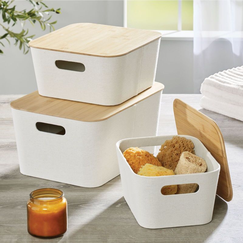 mDesign Modern Stackable Fabric Covered Bin with Bamboo Lid, 2 Pack, 3 of 9