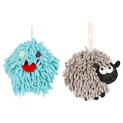 REGALWOVEN 2 Packs Cute Sheep Shape Absorbent Fast Drying Chenille Hand Towels with Hanging Loop 7" x 7"