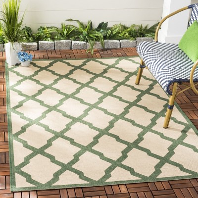 Cream and Green Geometric Square Synthetic Indoor/Outdoor Rug