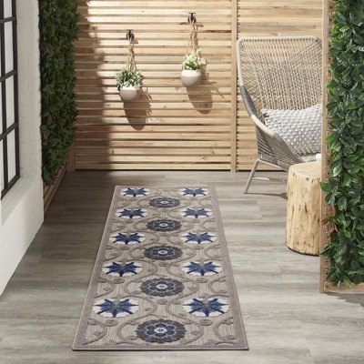 Blue/Grey Floral Flat Woven Synthetic Outdoor Rug, 2'3" x 8'