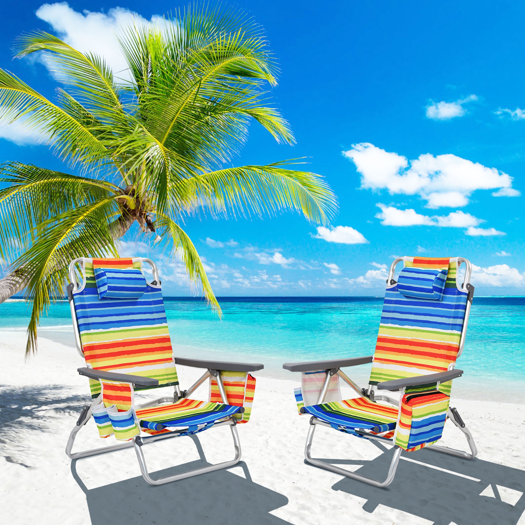 Costway 2-Pack Folding Backpack Beach Chair 5-Position Outdoor Reclining Chairs with Pillow Yellow