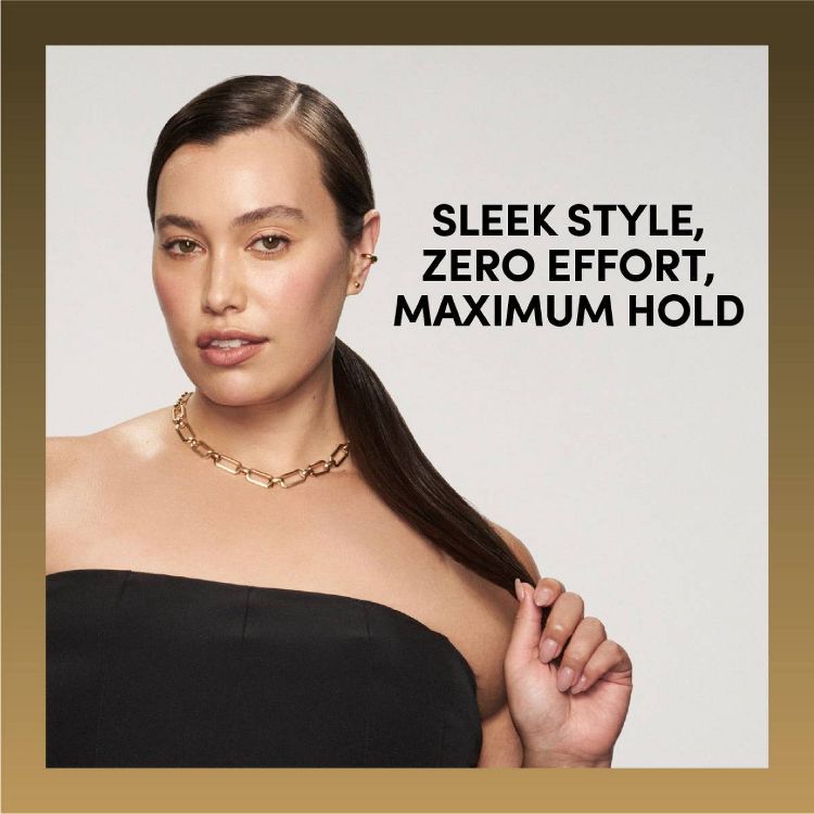 A person with sleek, styled hair holds a ponytail, with the text "SLEEK STYLE, ZERO EFFORT, MAXIMUM HOLD" displayed beside them.