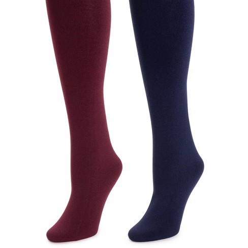 MUK LUKS Womens 2 Pair Pack Fleece Lined Tights, Navy/Burgundy, Medium/Large