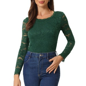 Allegra K Women's Slim Fit Sheer-Long-Sleeves Flower Embroidery Lace Top - 1 of 4