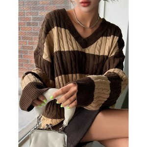 Women's V-Neck Striped Sweater - Oversized Retro Knit Pullover for Casual Comfort (S-XL) - 1 of 2