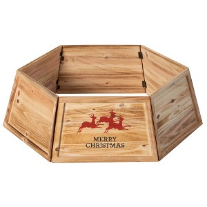 Gardenised Natural Wood Christmas Tree Collar with Deer Pattern Panels Foldable Ring Box Cover and Festive Base Wrap - 1 of 4