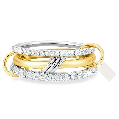 18K Gold Plated Stackable Ring Set: Mixed Metal Silver & Gold Rings with Cubic Zirconia, for Engagement/Wedding/Valentine‘s Gift