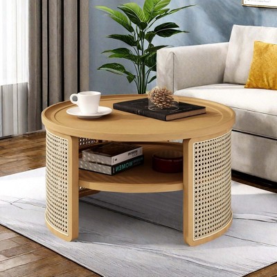 NicBex Modern Round Wood Coffee Table with 2-Tiered Storage and Rattan Base for Living Room