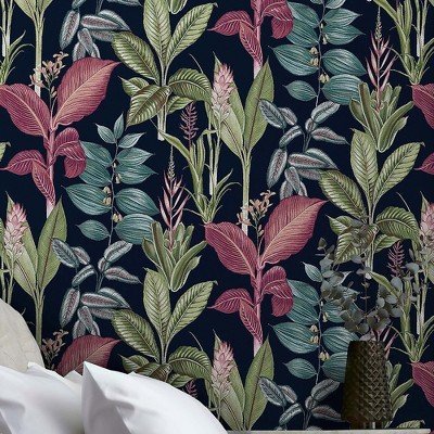 Fantasy Rainforest Leaves Navy Matte Botanical Wallpaper Roll