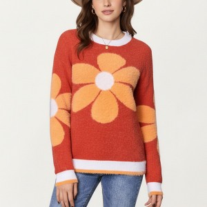 Anna-Kaci Women's Large Floral Graphic Pattern Fuzzy Knit Sweater with Soft Textured Feel Ribbed Crew Neckline and Relaxed Fit - 1 of 4