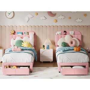 Bed Frame Velvet Upholstered Platform Bed with Bookcase Headboard for Kids Girls Heavy Duty Steel Support Legs Easy Assembly Noise Free - 1 of 4